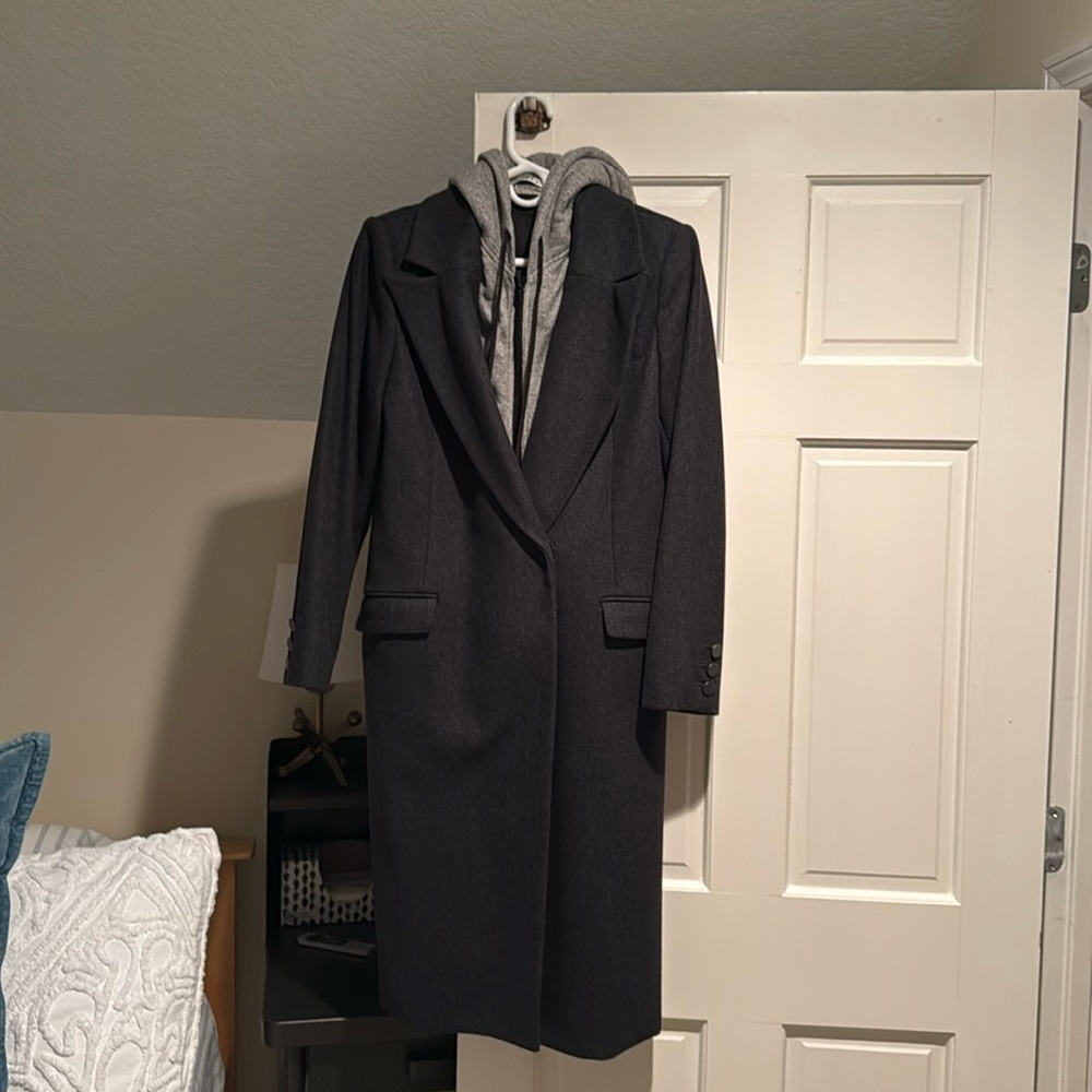 Alice & Olivia long coat, dark grey with zip-in grey hoodie. Excellent condition